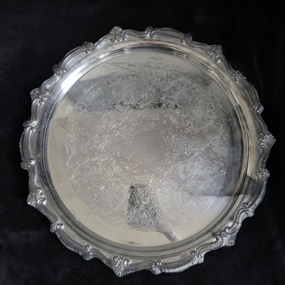 Extra Large Vtg Leonard Silverplate Ornate Round Serving Tray Scalloped Edges